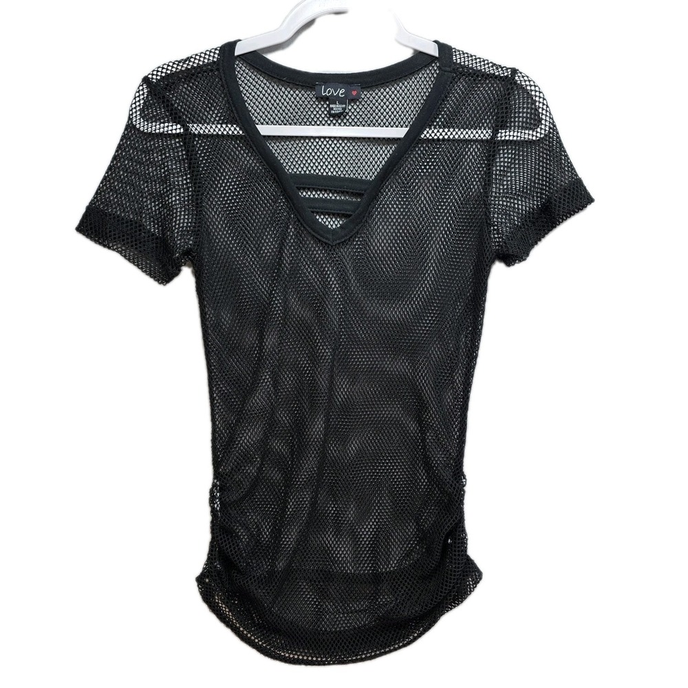 Vtg Y2K Black Mesh Shirt Womens L Ruched Sheer Whimsigoth Witchy Grunge Gothic